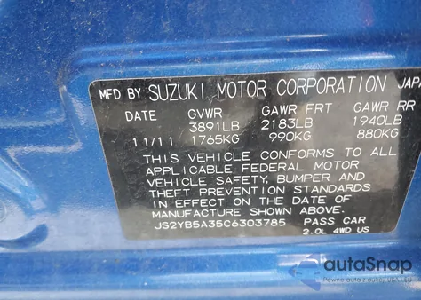 2012 Suzuki Sx4 Premium/Tech Valu Pkg (Nav) from USA, damaged, VIN JS2YB5A35C6303785